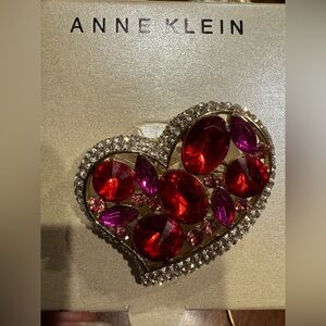 Beautiful Anne Klein Gold Tone Red Stone & Crystal Heart Pin Brooch
